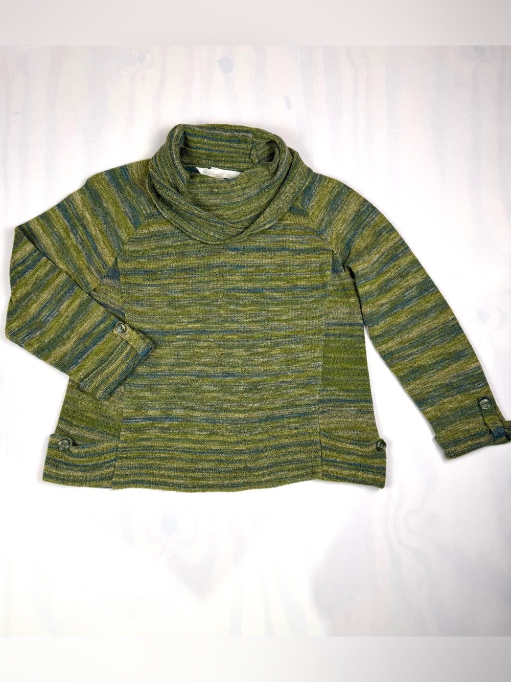 Jillian Nicole 1X Cowl‎ Neck Sweater Green Blue Stripe Knit Pullover Top